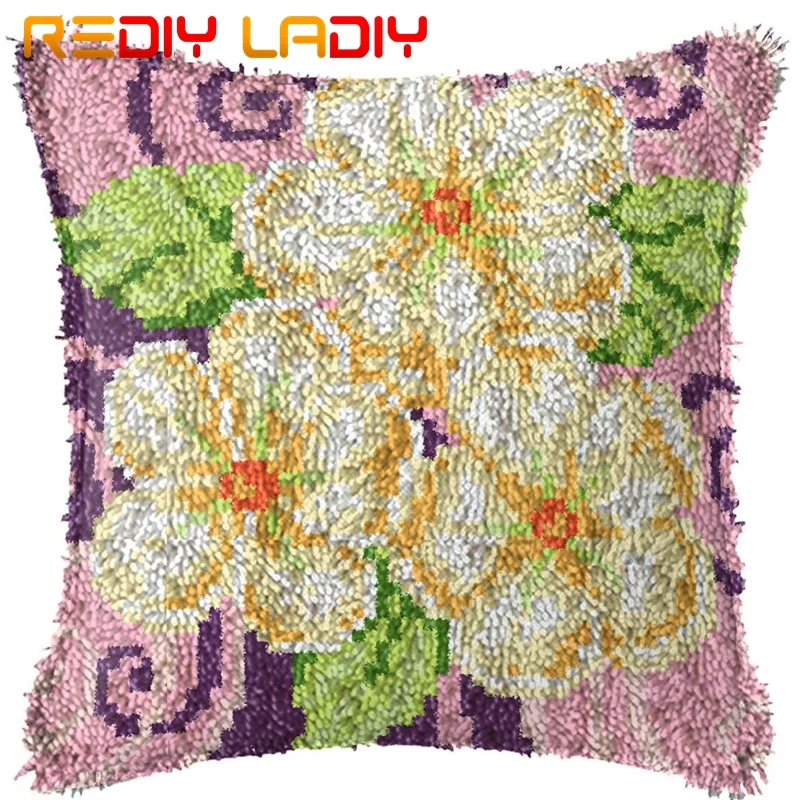 Latch Hook Kit Make Your Own Cushion White Orchid Pre-Printed Canvas Crochet Pillow Case Cover Hobby &amp Crafts | Дом и сад