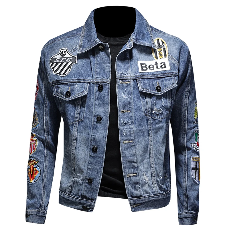 

Biker jacket men's personality patch fashion trend denim coat/handsome men design denim jacket single-breasted long-sleeved Tops