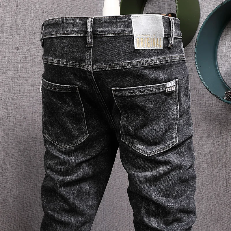 Newly Vintage Fashion Men Jeans Black Elastic Slim Fit Ripped Jeans Men Korean Style Embroidery Designer Casual Denim Pants