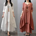 Платье из хлопка и льна размера плюс, женское повседневное свободное модное платье из двух частей, однотонное льняное платье средней длины с v-образным вырезом, лето 2021