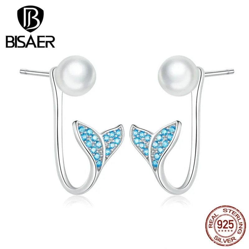 Хвост серьги BISAER 925 пробы Серебряное обручальное кольцо с жемчугом океан одеяло
