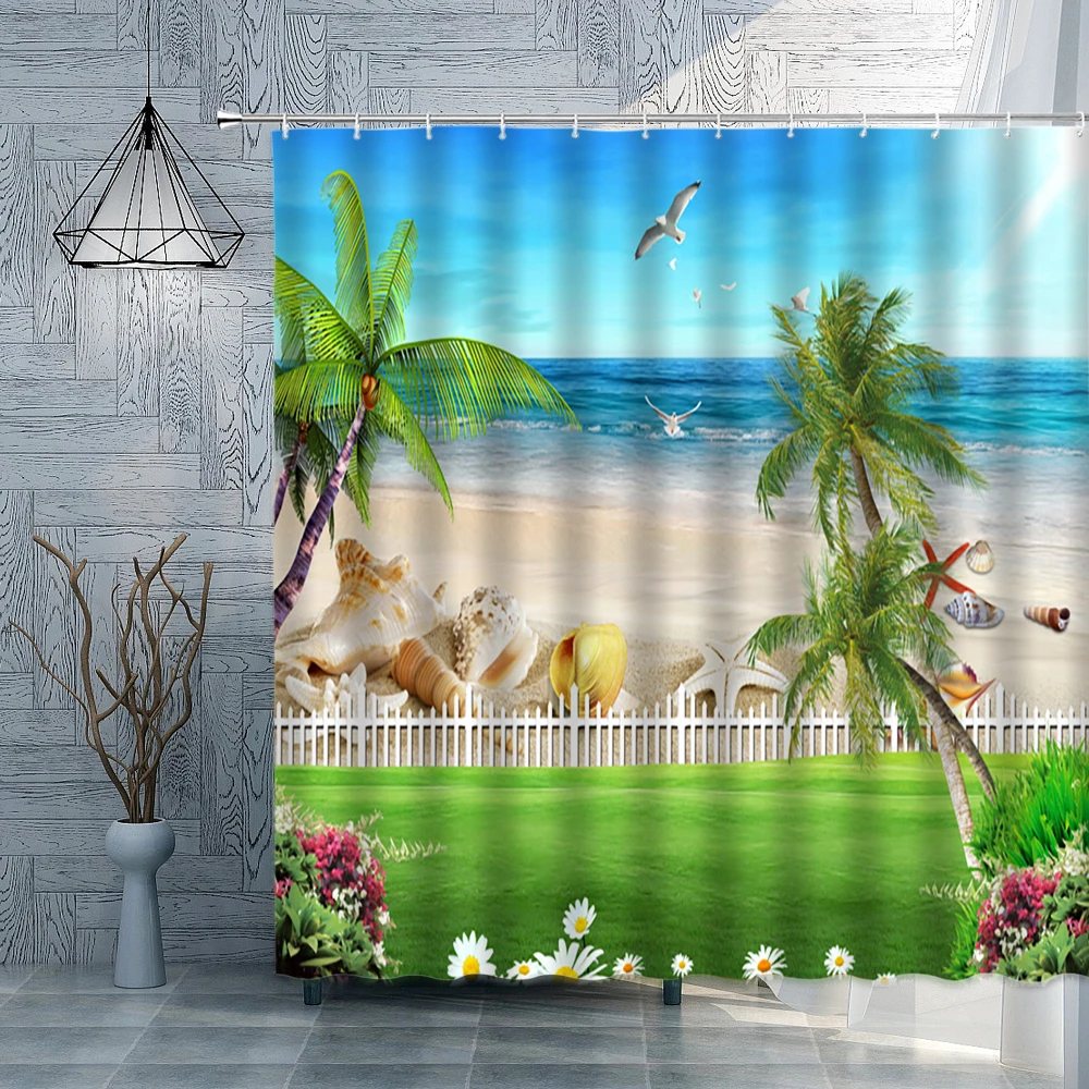 

Сценическая занавеска для душа с изображением океана, тропическая душевая занавеска с пальмами, морская пляжная ракушка, занавеска для ванной с рисунком пейзажа, домашний декор