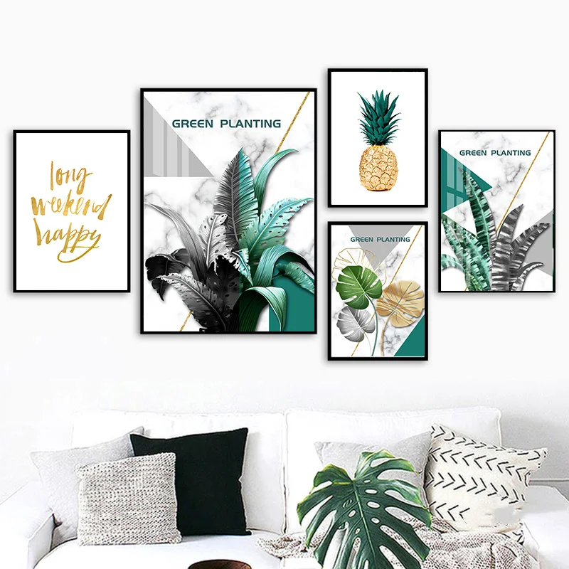 Тропические растения монстера и банан лист ананас настенная Картина на холсте