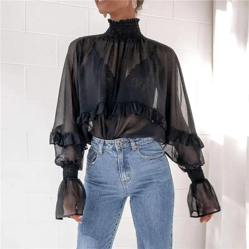 

Blouse Women Sexy See Through Chiffon Long Sleeve Blouse Elegant Perspective Ruffle Blouse Shirt Turtleneck Tunic Tops 2020 New