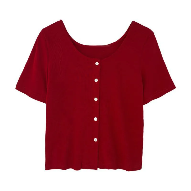 

Casual fashion Women T Shirt Short-Sleeved Button O-Neck Lady Tee Tops Casual Women Knit T-Shirt