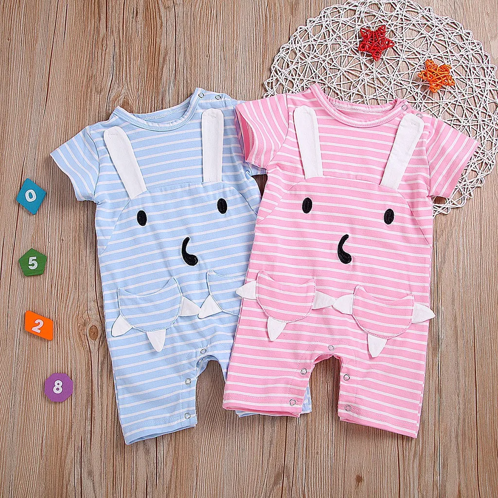 Одежда для малышей Детский комбинезон с короткими рукавами в полоску кроликом и