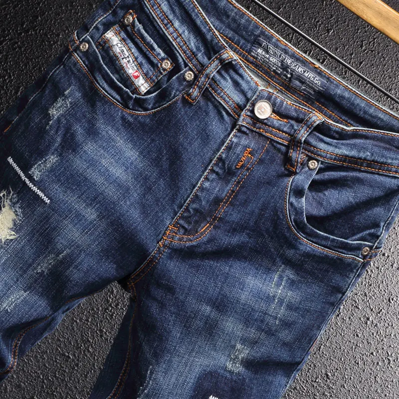 American Street Style Fashion Men Jeans Retro Blue Elastic Slim Fit Ripped Jeans Men Embroidery Designer Hip Hop Denim Pants