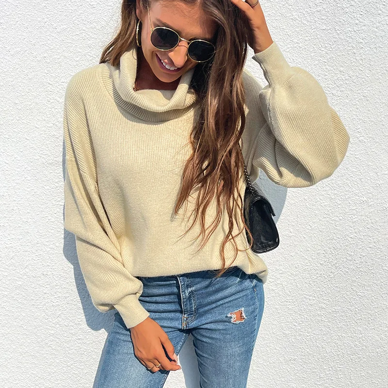 

Fashion Women Sweater New Casual Hot Sale High Neck Pullover Solid Color Loose Large Size Knitted Long-sleeved Sweater
