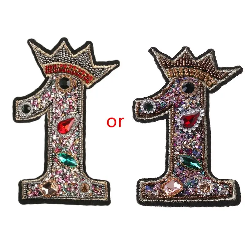 

0-9 Number Patch Rhinestone Beaded Crown Sewing/Iron On Applique Badge DIY Decor M6CD