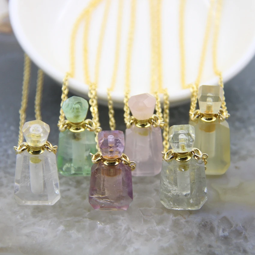 

Faceted Rose/Green/White Quartz Crystal Classic Perfume Bottle Pendants,Fluorite/Amethysts Essential Oil Diffuser Vial Necklace