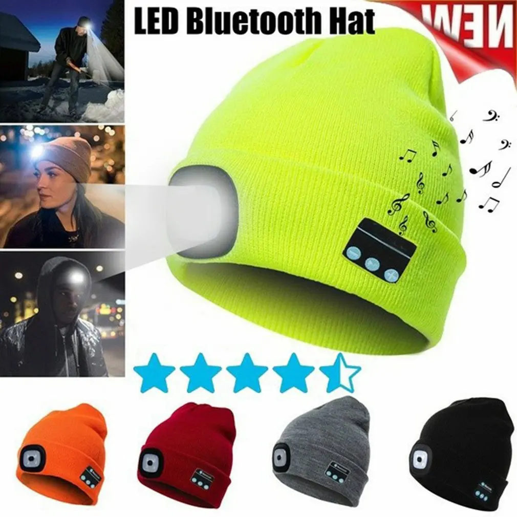

Winter Beanie Hat Wireless Bluetooth V5.0 Smart Cap Headphone Headset With 4 LED Light Handfree Music Headphone New