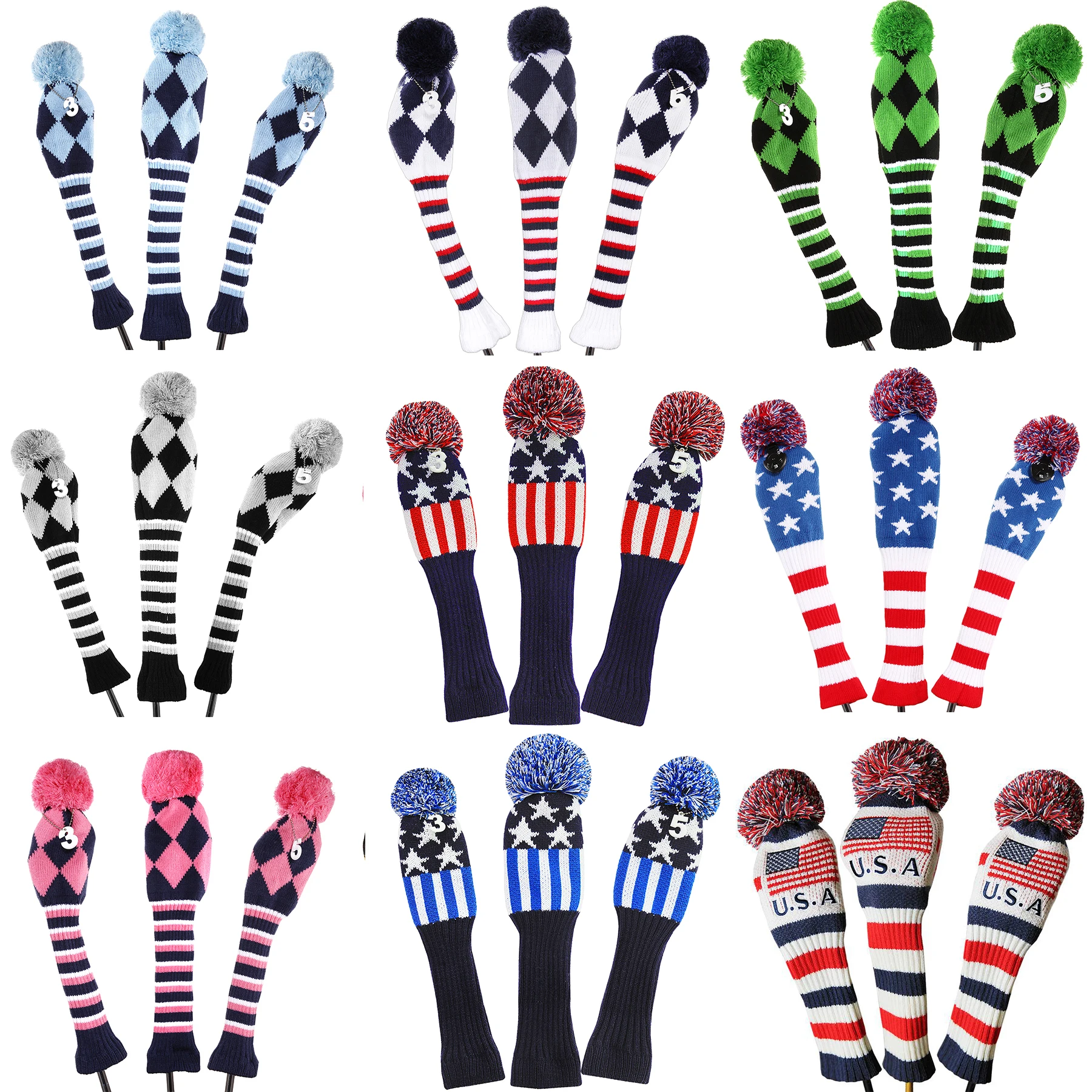 3pcs/set Knitted Pom Pom Sock Covers 1-3-5 Golf Wood Headcover For Golf Dirver/fairway Golf Club Headcovers