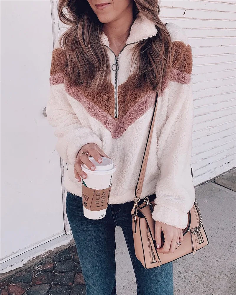 2019 Autumn Women Casual Mohair Pullover Zipper V Neck Fleece Sweater Fashion Sweet Loose Warm Winter Coat | Женская одежда