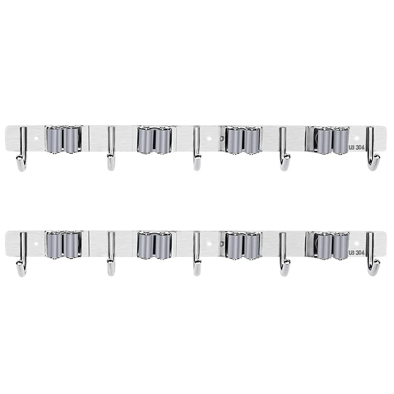 

Mop And Broom Wall Mount Holder,Stainless Steel,Heavy Duty Wall Mount Storage Organizer Tools Hanger With4 Racks 5 Hooks