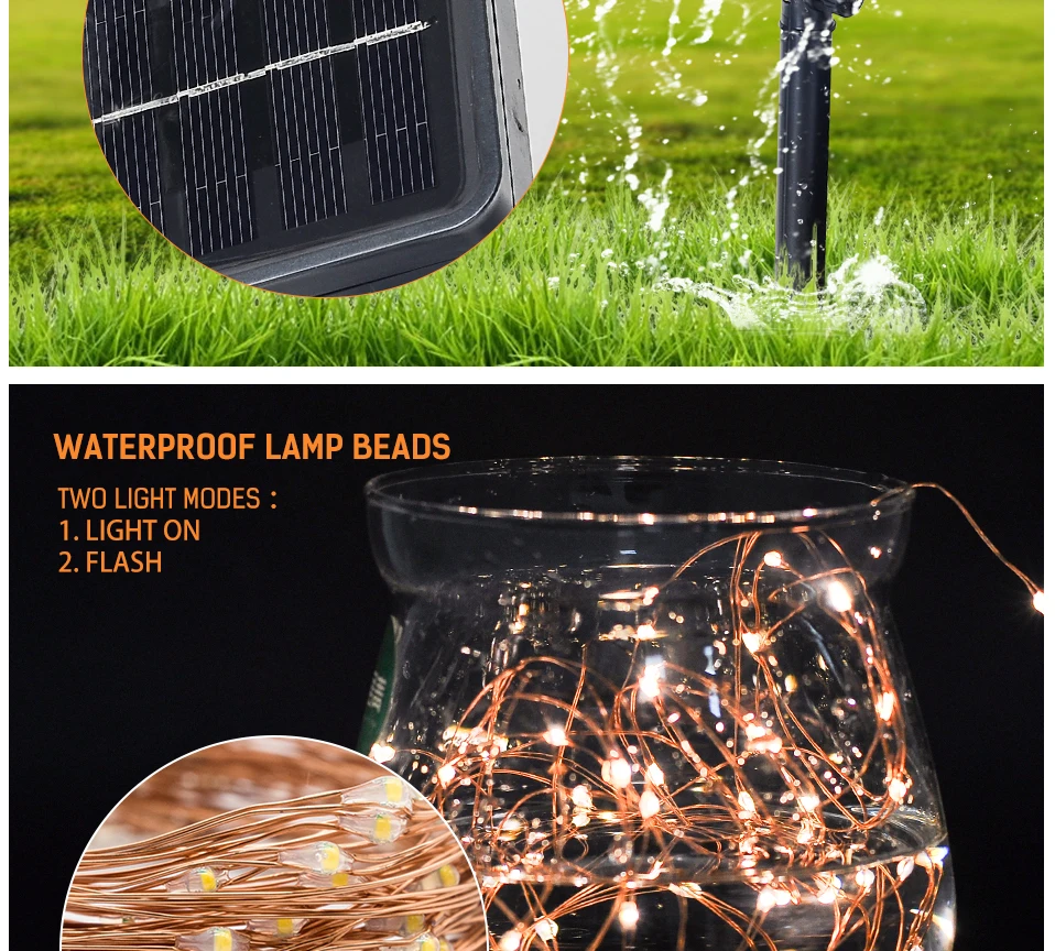 2 Packs Solar String Lights,33Ft 100LEDs IP65 Waterproof Decorative Copper Wire String Lights for Party,Garden,Wedding,Christmas