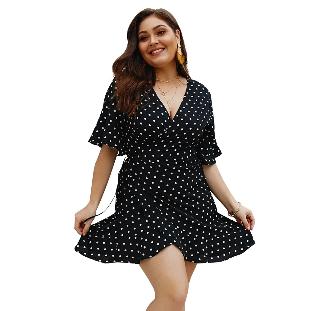 2019 Summer New Original Design Big Size Women V Neck Wave Point Sexy Mini Dress 4XL for Fat MM Ladies Loose Plus Dresses | Женская