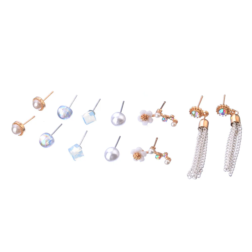 Женский комплект сережек-гвоздиков с жемчугом 6 пар набор золотых сережек