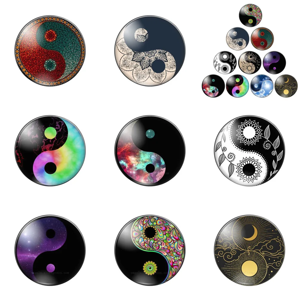 

Yin Yang Tai Chi Sun and Moon Patterns 10mm/12mm/16mm/18mm/25mm Round Photo Glass Cabochon Demo Flat Back Making Findings