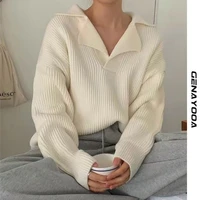 genayooa chic turn down collar sweater women solid casual knit pullover long sleeve autumn winter 2021 fashion korean jumper