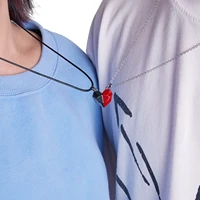2pcs personality magnetic couple necklace for women men lovers distance faceted heart pendant necklace couples statement jewelry