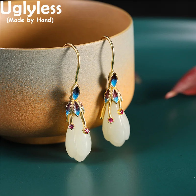 

Uglyless Elegant Magnolia Floral Earrings for Women Hotan Jade Natural Gemstones Jewelry Real 925 Silver Enamel Flowers Brincos