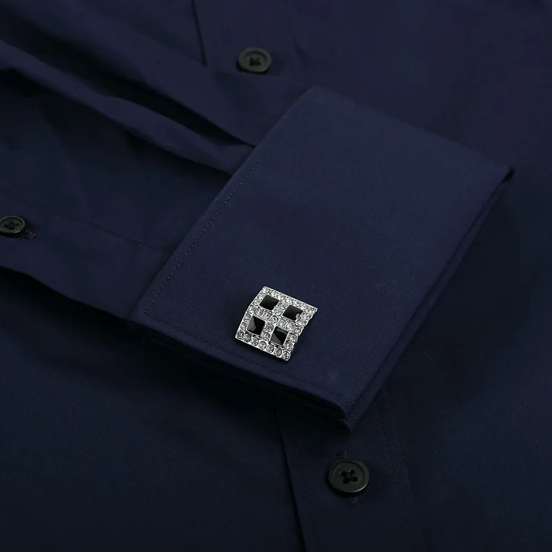 High Quality Men's Dress Shirt Brands New Fashion Regular Fit Shirts Business Long Sleeve with Cufflink Solid Color Navy Blue