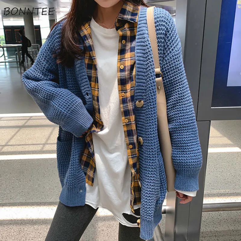 

Кардиган Свободный женский свитер без застежки Модная молодежная футболка с длинным рукавом и v-образным вырезом осени Вязаные изделия с дл...