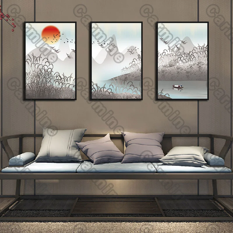 

Poster White Plants River Boat Landscape Flowers Canvas Painting and Prints Wall Art Pictures Decoration for Living Room 3Pcs