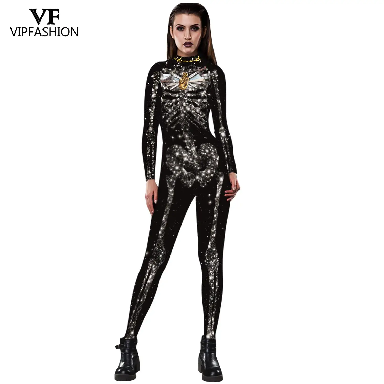 VIP модные COS женские пикантные розовые с принтом скелета Комбинезоны длинным