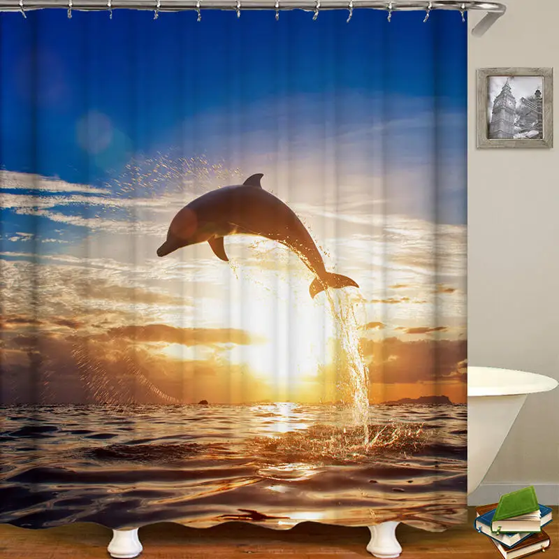 

Dolphin Pattern Shower Curtain Waterproof Fabric Bath Accessory 3D Printing Ocean Curtain for Bathroom Green