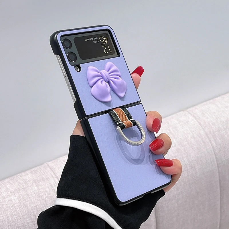 

DIY 3D милая девушка Оболочка Фиолетовый Bownot кольцо держатель кожаный чехол для Samsung Galaxy Z Flip3 искусственная кожа мультфильм задняя крышка