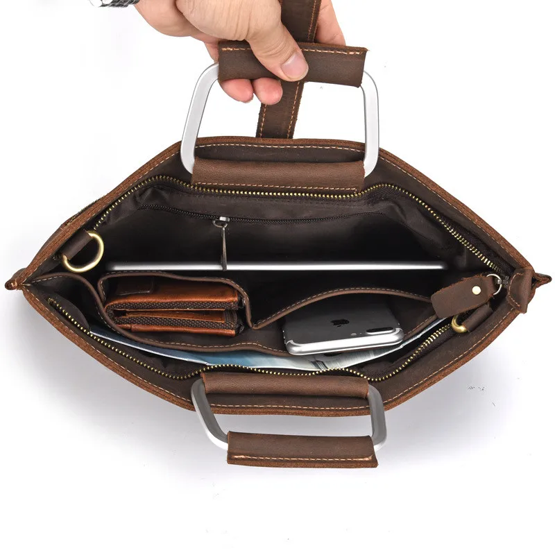 PNDME high quality crazy horse cowhide men's briefcase business casual vintage fashion handbag simple genuine leather laptop bag
