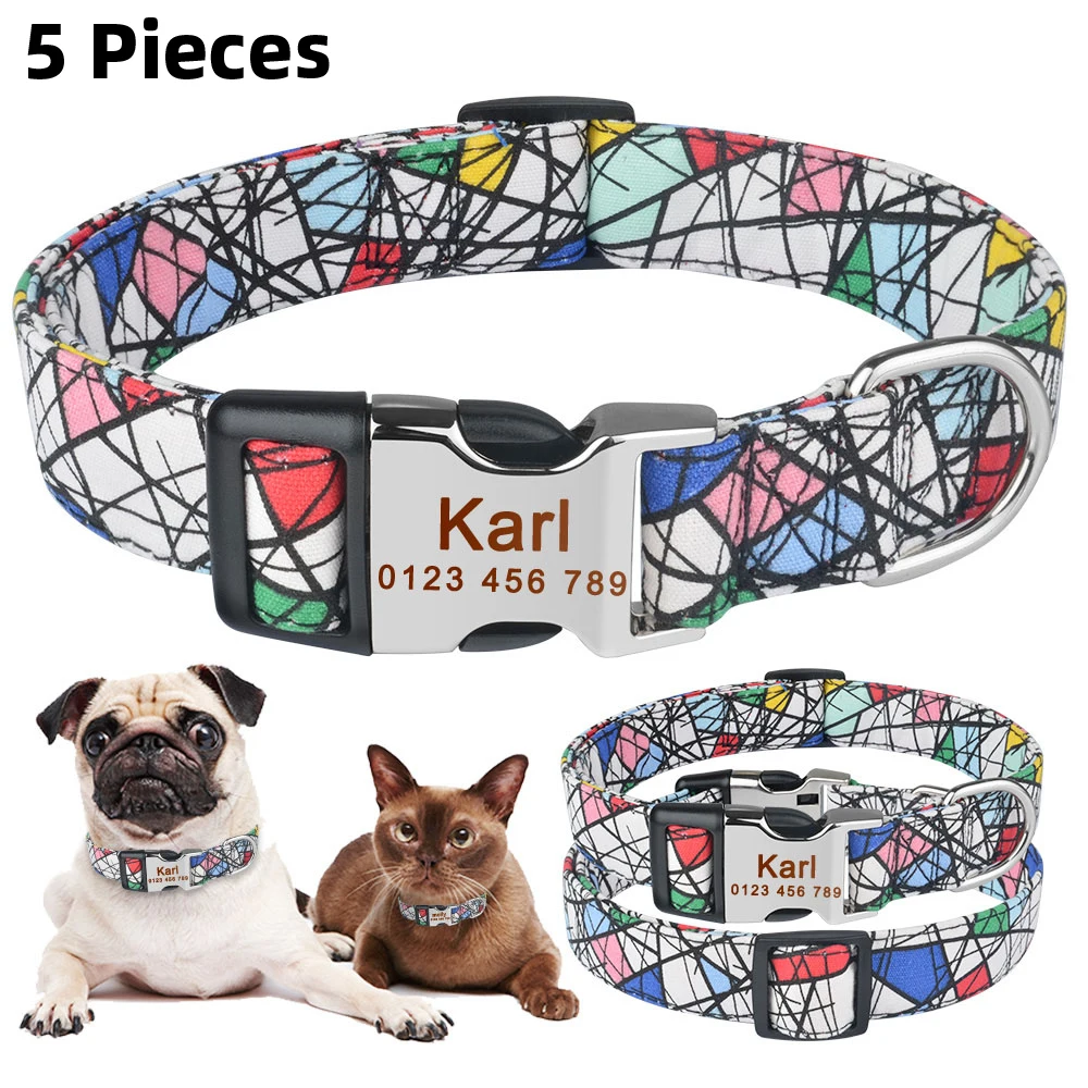 Collar personalizado de nailon para perros, productos para mascotas, peque&ntilde;os, medianos y grandes, con grabado de nombre y etiqueta de identificaci&oacute;n, 5 piezas-0