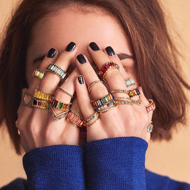 

Row Ring Fine Row Drill Crystal Rainbow Rings For Women Lady's Index Finger Accessories Buckle Joint Combination Stacking Ring