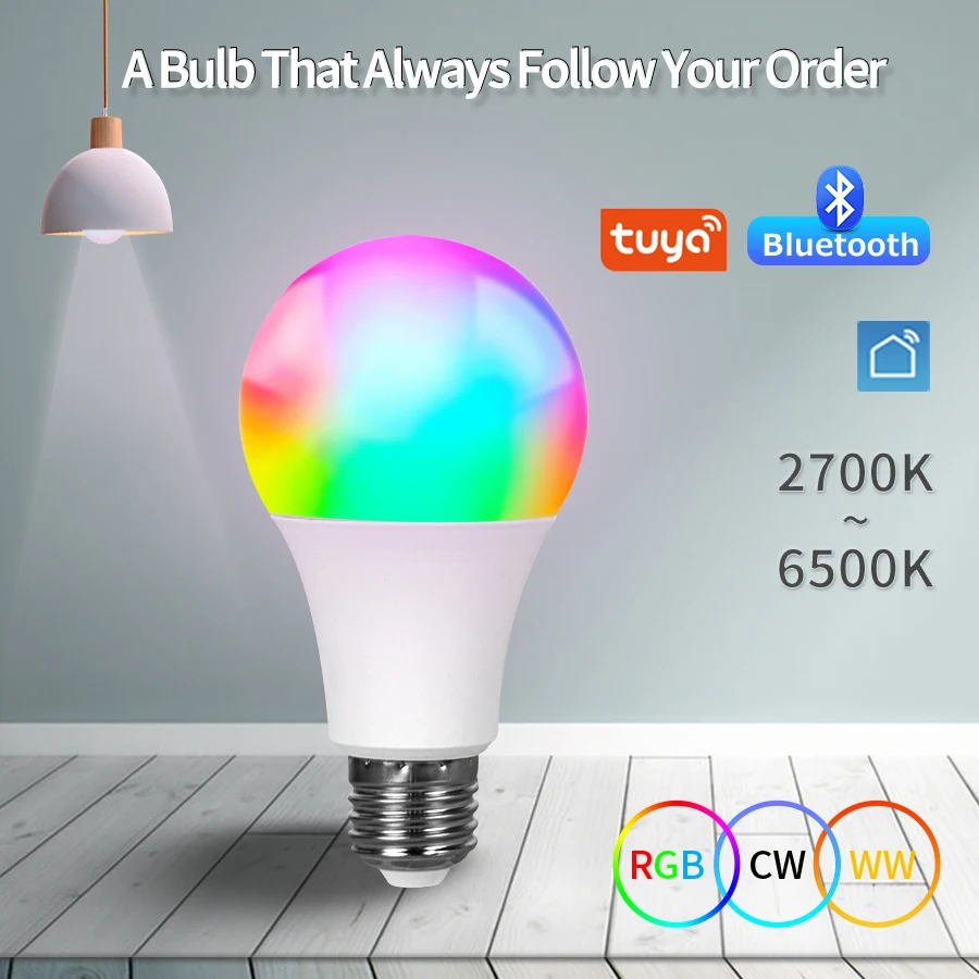 

Умная Светодиодная лампа Tuya E27 RGB, 15 Вт, с поддержкой Alexa