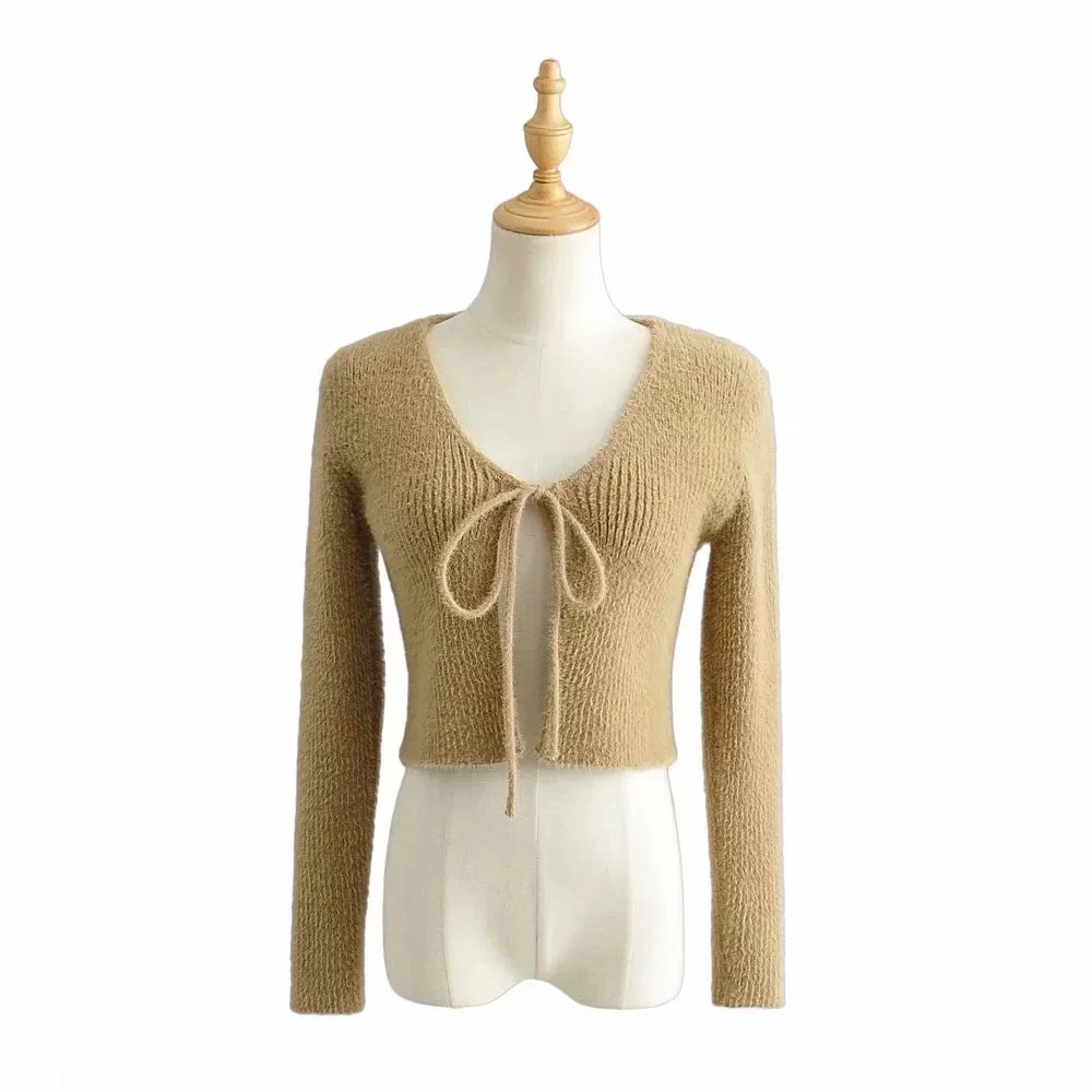 

Ins Mohair mink V-neck knitted cardigan with sexy lace up and short solid color top
