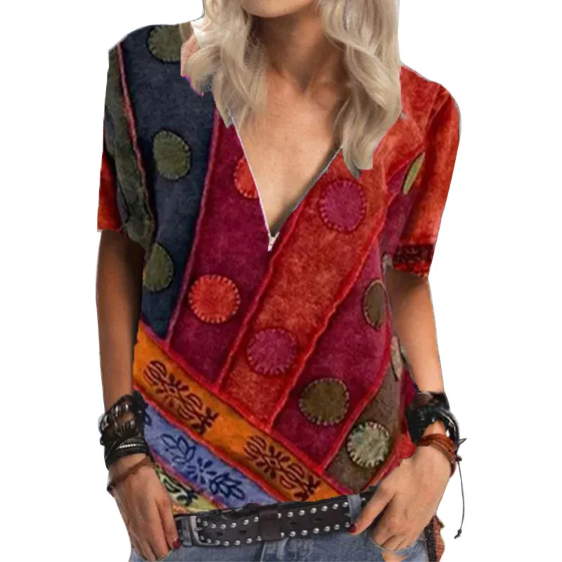 

2021 женская футболка с принтом V образным вырезом на молнии повседневные свободные летний топ с короткими рукавами, модная Соблазнительная о...