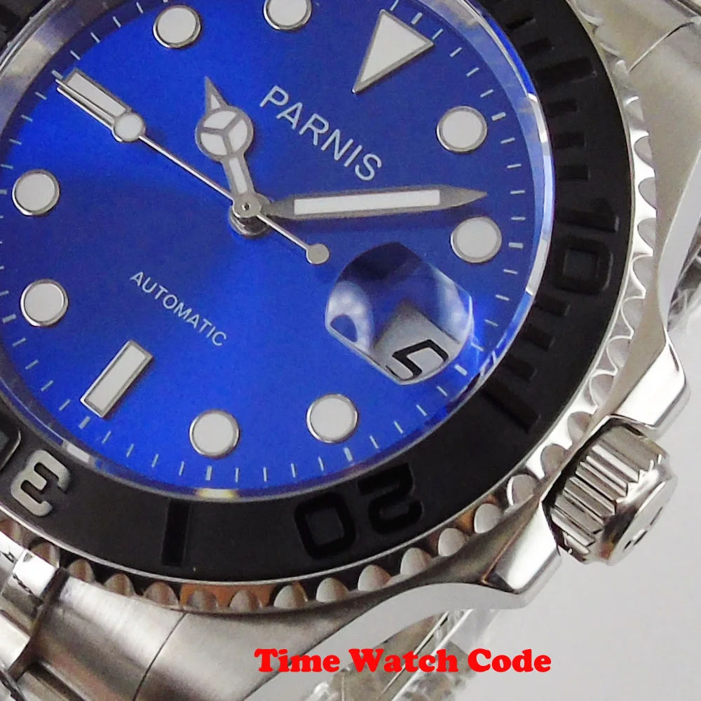 Роскошные PARNIS 40 мм автоматические мужские наручные часы с синим циферблатом