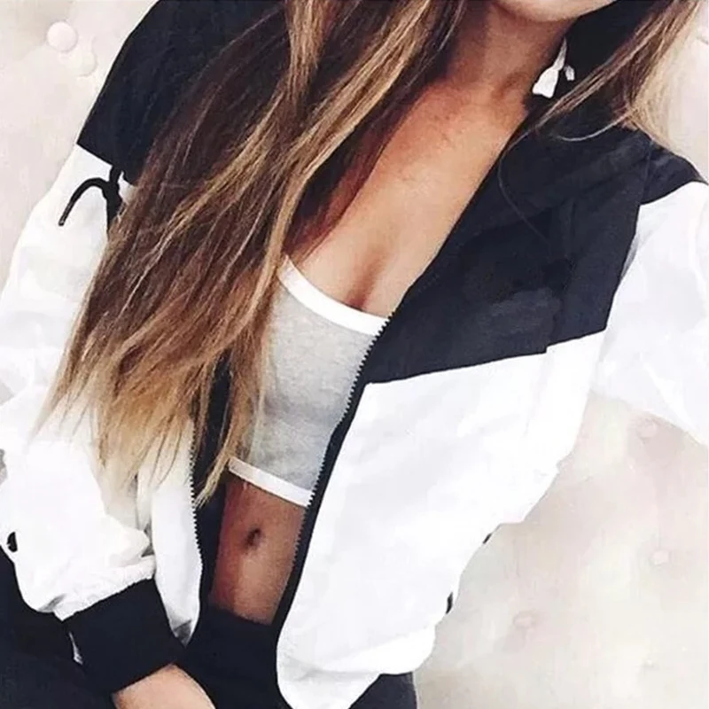 

Autumn Color Matching Jacket Women Black White Drawstring Hooded Coats Zipper Casual Loose Ladies Overcoats