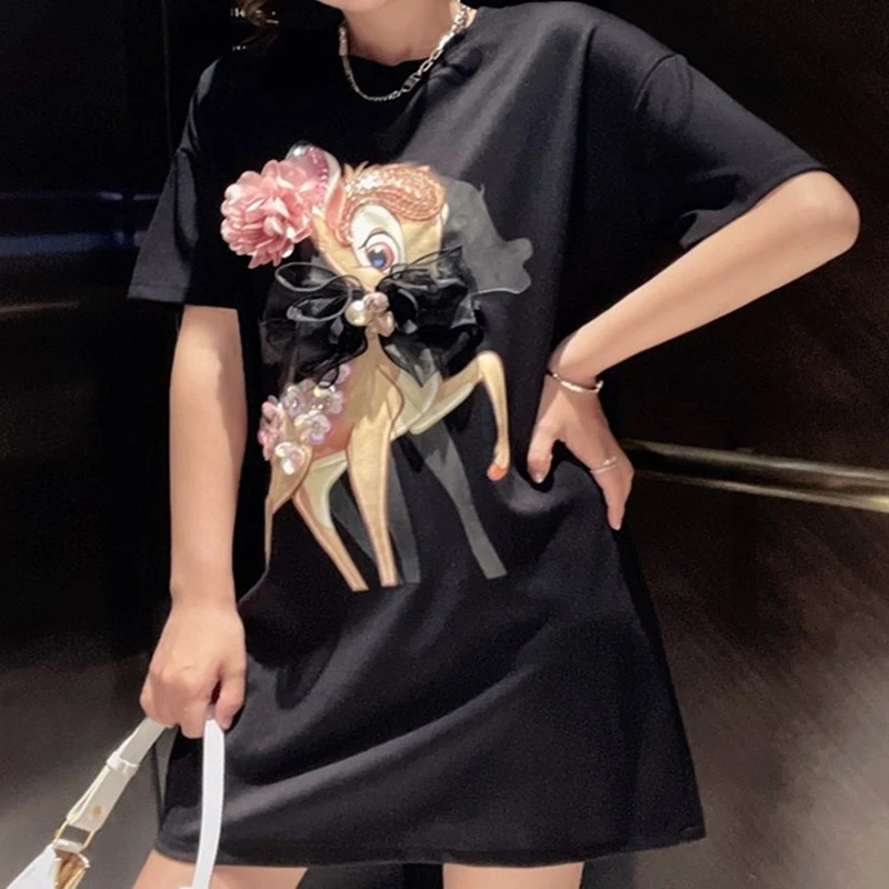 

2021 Summer Fashion Designer Dress Women Deer printed 3D decoration Black White Sequins Holiday Dress