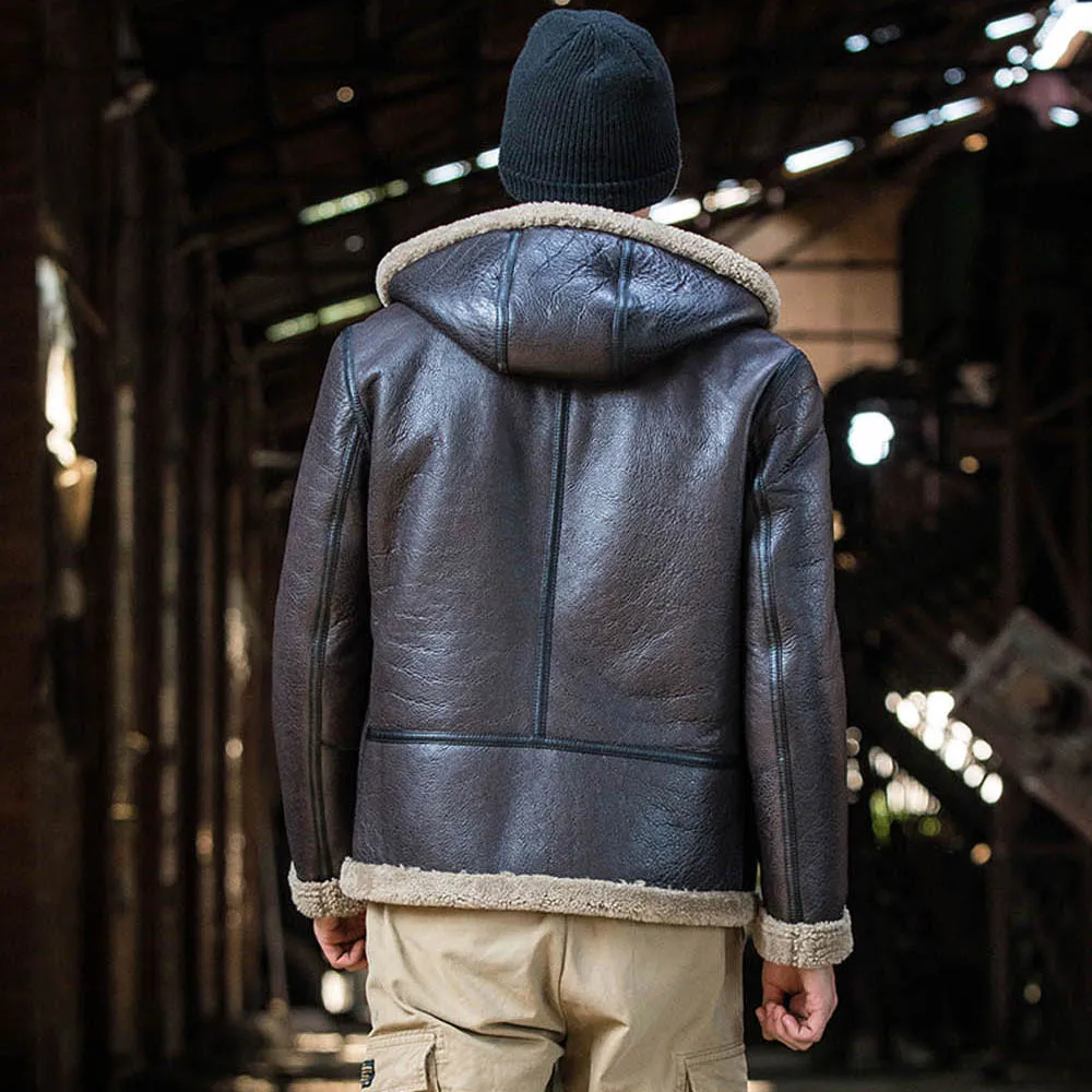 Шуба LUHAYESA мужская с капюшоном теплая натуральная овчина кожа коричневый черный