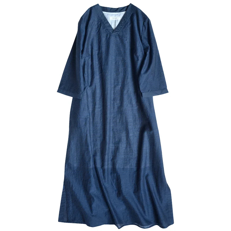

SCUWLINEN Vestidos 2020 Spring Summer Women Dress V-neck Jacquard Striped Double Layer Loose Tencel Cotton Dress S1043