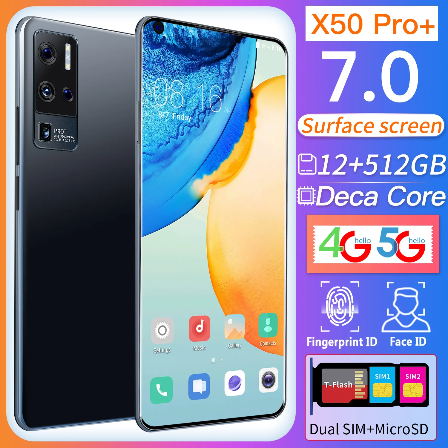 

2021 New Global Version 7.0 inch X50 Pro+ Smartphone Dual SIM Dual Standby 12G+512GB Support 4G 5G Network Smartphone