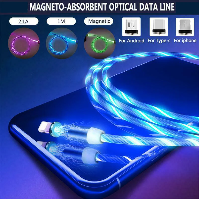 1 м Магнитный зарядный кабель для мобильного телефона usb type C светящийся провод