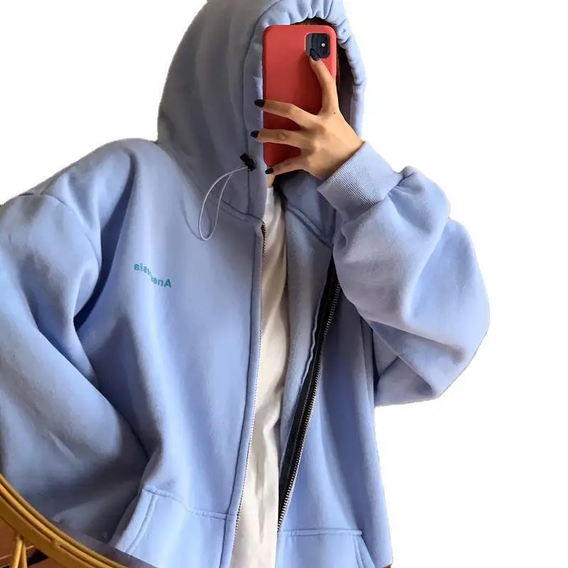 

Cotton long sleeve sweater women's autumn 2021 new Korean loose printed lazy hooded cardigan for women