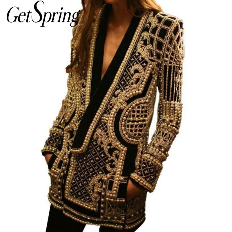 

Getspring Women Coat Beading Pearl Patchwork V-neck Vintage Coats Jackets Women Plus Size Printing Long Winter Overcoat 2020 New