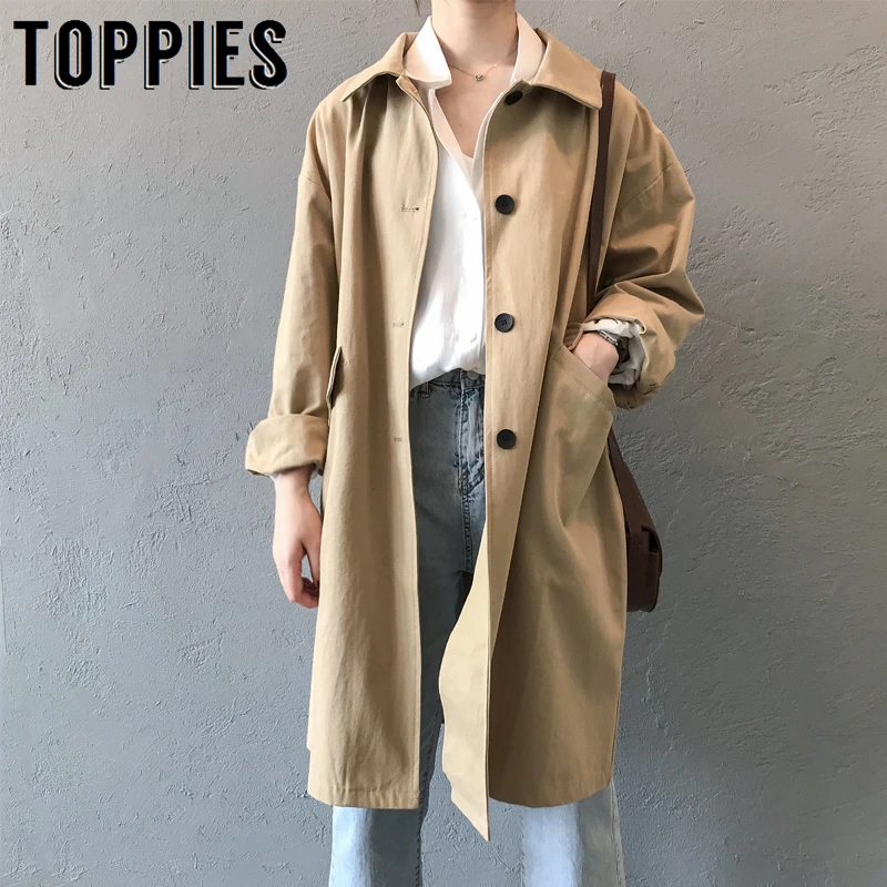 Свободный Тренч Женский Хаки оверсайз длинное пальто 2019 осень зима однобортный