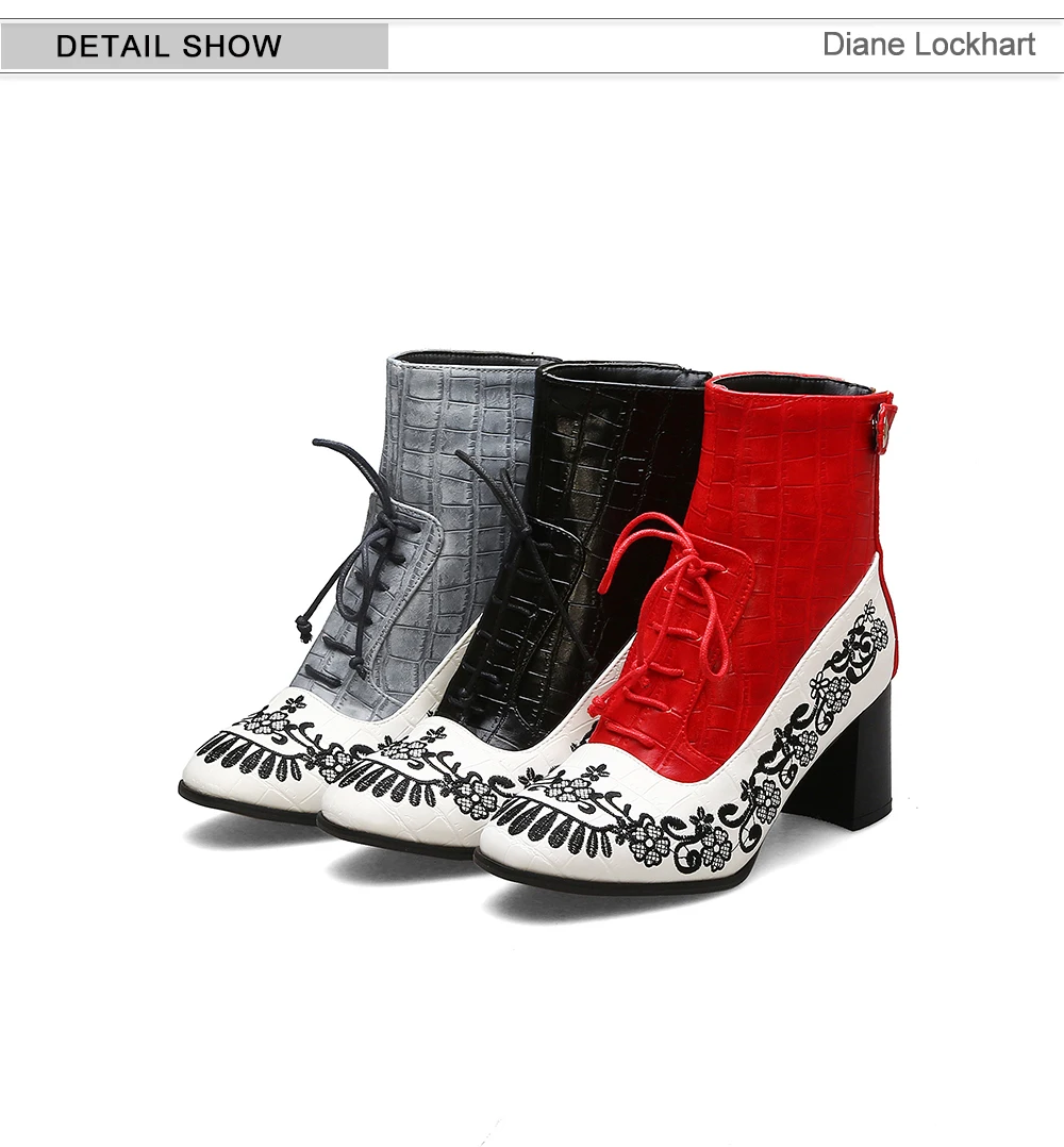 Retro Printed Booties Leather Women Ankle Boots Embroidery High Heels Casual Woman Shoe Zipper Vintage Female Footwear Boot 37
