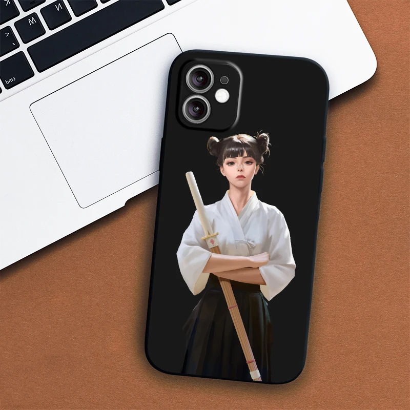 

NOHON Female swordsmen design cool phone case for iPhone 11 12 mini xr xs 7 8 plus 6s 6G iPhone 13 Pro max black word back cover