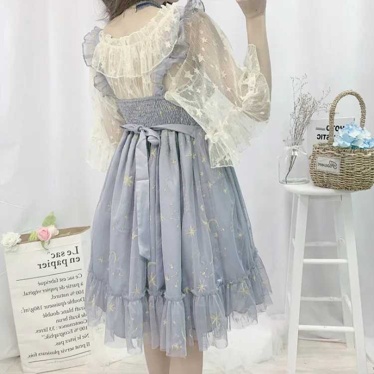 

Kawaii Lolita Dress Soft Girl Summer Super Fairy Bow Mesh Embroidery Lolita Daily Sling Dress Female